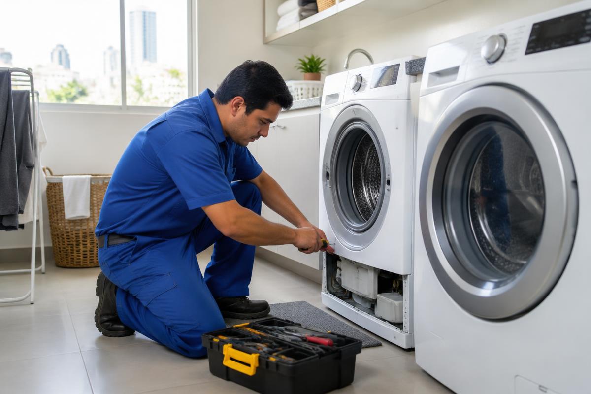Técnico de SERVIFRIO atendiendo lavadoras y lavasecas en Lima